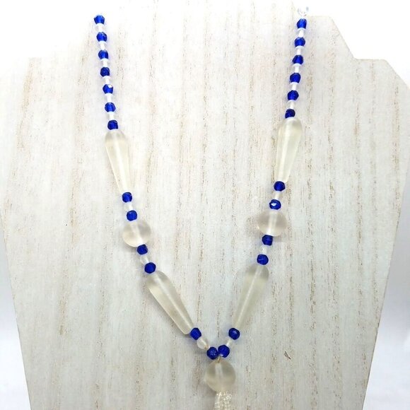 Vintage Glass Bead Tassel Necklace 31" Long Blue Clear Beads For Elegant Style - Picture 3 of 11